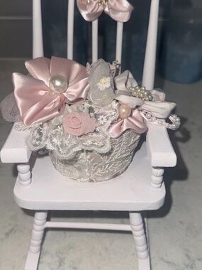 Handmade Pink Satin & Lace Floral Rocking Chair Decor.